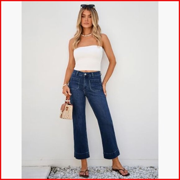 High Waisted Wide Leg Cropped Jeans Stretchy Flare Denim Pants - Picture 3 of 7